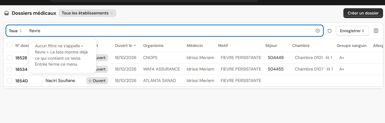 La recherche dans la liste des dossiers